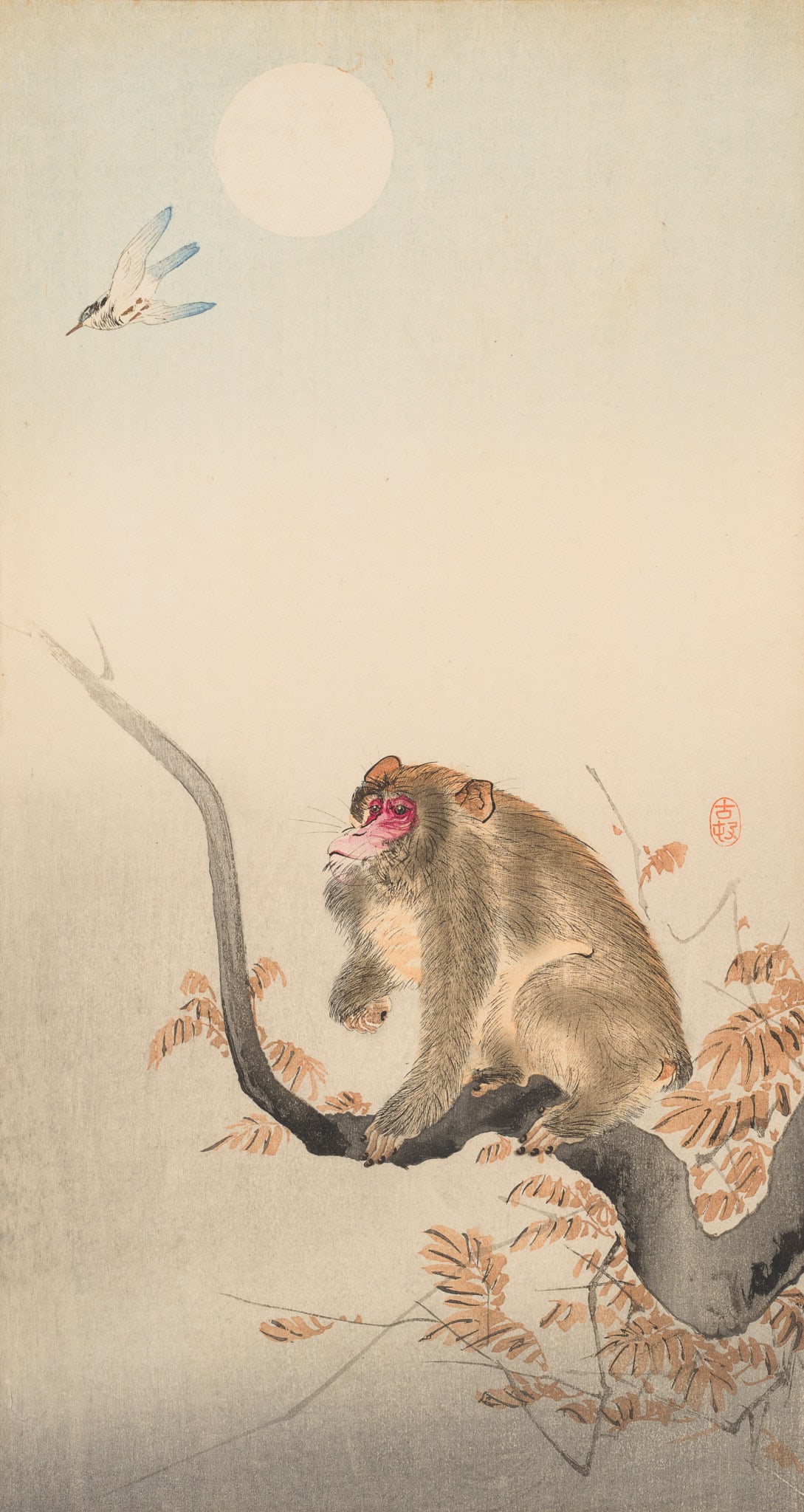 OHARA KOSON: MONKEY AND MOON: OHARA KOSON: MONKEY AND MOON By Ohara Koson (1878-1945), signed with seal KosonJapan, c. 1910Color woodblock print on paper. Vertical otanzakuban. Signed with seal Koson. Title Monkey and Moon.Depi