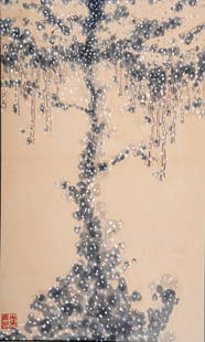 YOSHII YOSHITSUGU: CHERRY BLOSSOMS AT NIGHT: YOSHII YOSHITSUGU: CHERRY BLOSSOMS AT NIGHT By Yoshi Yoshitsugu, signed with seal Japan, 20th century Ink and gouache on paper. Signed with a seal to the lower left. Titled Cherry Blossoms at Night
