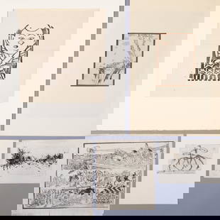 A LOT WITH FIVE PRINTS: A LOT WITH FIVE PRINTS 20th century1. Woodblock print on paper. Depicting strips of comic. SIZE of the sheet 27 x 32.3 cm2. Color woodblock print on paper. Depicting maple leaves falling