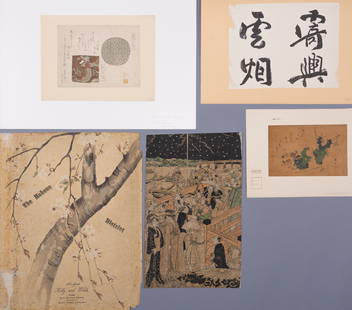 A GROUP OF FIVE WOODBLOCK PRINTS: A GROUP OF FIVE WOODBLOCK PRINTS Japan, Edo period (1615-1868) to Meiji period (1868-1912)1. By Masayuki. Titled Samples of Patterned Cloth. Two samples of patterned cloth or leather, the circular pie