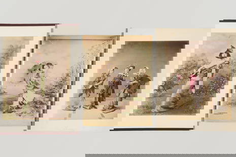 A GROUP OF THREE HAND-TINTED PHOTOGRAPHS, c. 1880: A GROUP OF THREE HAND-TINTED PHOTOGRAPHS, c. 1880 Japan, 19th centuryA group lot of three photographs, two depicting dancers in dynamic poses, and the third capturing a shamisen player wearing a vibra