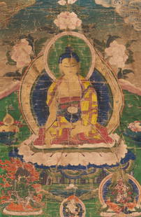 A THANGKA OF BUDDHA SHAKYAMUNI, 19TH CENTURY: A THANGKA OF BUDDHA SHAKYAMUNI, 19TH CENTURY Tibet. Distemper and gold on cloth, with a silk brocade mounting. The founder of Buddhism seated in dhyanasana on a lotus base with his hands in bhumispars