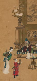 PRECIOUS OFFERINGS TO A GOVERNMENT OFFICIAL', QING DYNASTY: 'PRECIOUS OFFERINGS TO A GOVERNMENT OFFICIAL', QING DYNASTY China, 1644-1912. Ink, watercolors, and gouache on paper. Finely painted with a court lady and her son presenting precious antiquities, incl