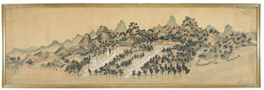 THE MING TOMBS', QING DYNASTY: 'THE MING TOMBS', QING DYNASTY China, 1644-1912. Ink and watercolors on paper. Portraying a broad landscape view of the shrines set in a mountainous river landscape, the foreground with a path divided