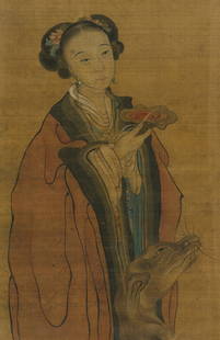 CHENG ZHANG (1869-1938): 'FEMALE IMMORTAL AND MYTHICAL CREATURE': CHENG ZHANG (1869-1938): 'FEMALE IMMORTAL AND MYTHICAL CREATURE' China, early 20th century. Ink, watercolors, and gouache on silk. Set in a vintage frame, behind glass. The central female immort