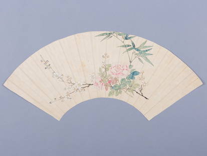 A FAN PAINTING DEPICTING BLOSSOMING FLOWERS AND BAMBOO, c. 1900s: A FAN PAINTING DEPICTING BLOSSOMING FLOWERS AND BAMBOO, c. 1900s China, late Qing Dynasty (1644-1912) to Republic period (1912-1949). Ink, watercolors, and gouache on paper, backed on paper. Depicting