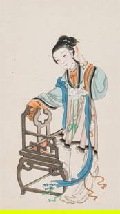LADY COMBING HER HAIR, LATE QING DYNASTY TO REPUBLIC PERIOD: 'LADY COMBING HER HAIR, LATE QING DYNASTY TO REPUBLIC PERIOD China, 1850-1949. Ink, watercolors, and gouache on fabric. Mounted and framed behind glass. Finely painted with a lady fixing her hair with