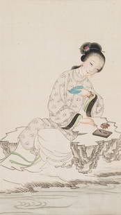LADY PAINTING ON A BODHI LEAF', LATE QING DYNASTY TO REPUBLIC PERIOD: 'LADY PAINTING ON A BODHI LEAF', LATE QING DYNASTY TO REPUBLIC PERIOD China, 1850-1949. Ink, watercolors, and gouache on fabric. Mounted and framed behind glass. Finely painted with an elegantly dress