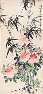 A FLORAL AND BAMBOO PAINTING: A FLORAL AND BAMBOO PAINTING China, 20th century. Ink and watercolor on paper, mounted as a hanging scroll on paper, with wooden roller ends. The painting portrays vibrant red peonies surrounded by lu