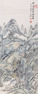 XU JI PENG: A SCROLL PAINTING OF A LANDSCAPE: XU JI PENG: A SCROLL PAINTING OF A LANDSCAPE China, dated 1928, Republic period (1912-1949). Ink and watercolors on paper. Mounted as a hanging scroll on a silk brocade frame with wooden handles. Depi