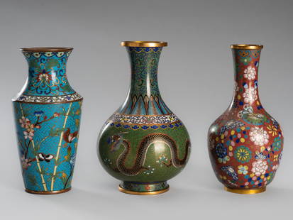 A LOT WITH THREE CLOISONNÉ ENAMEL VASES, c. 1900s: A LOT WITH THREE CLOISONN&#201; ENAMEL VASES, c. 1900s China, late Qing Dynasty (1644-1912) to Republic period (1912-1949). Comprising a vase of globular form surmounted by a trumpet neck, decorated w