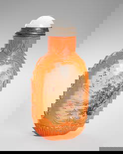 AN INSIDE PAINTED AND OVERLAID GLASS SNUFF BOTTLE, AFTER YE ZHONGSAN: AN INSIDE PAINTED AND OVERLAID GLASS SNUFF BOTTLE, AFTER YE ZHONGSAN China, 20th century. The bottle of ovoid form with sloping shoulders, supported on an oval foot and rising to a cylindrical neck wi