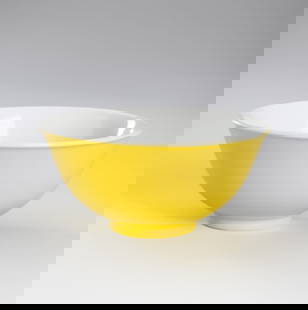 A YELLOW GLAZED PORCELAIN BOWL, REPUBLIC PERIOD: A YELLOW GLAZED PORCELAIN BOWL, REPUBLIC PERIOD China, 1912-1949. The bowl supported on a short, circular foot, with deep sides rising to a slightly everted rim, covered to the exterior in a vibrant l