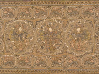 AN EMBROIDERED BURMESE KALAGA (HANGING) DEPICTING DANCING HINDU DEITIES: AN EMBROIDERED BURMESE KALAGA (HANGING) DEPICTING DANCING HINDU DEITIES Burma, late 19th to 20th century. Appliqué of silk, cotton, metallic thread, sequins and glass beads on a black velvet grou