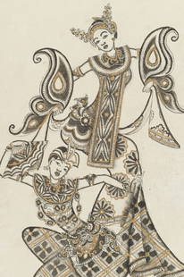 I WAYAN KABETAN (1931-2006): 'TEMPLE DANCERS': I WAYAN KABETAN (1931-2006): 'TEMPLE DANCERS' Batuan, Bali, 20th century. Ink and gold paint on linen. Illustrating a pair of Balinese folk dancers performing the Legong, enclosed within a border. <