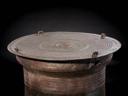 A MONUMENTAL AND EXTREMELY RARE BRONZE RAIN DRUM, KAREN PEOPLE: A MONUMENTAL AND EXTREMELY RARE BRONZE RAIN DRUM, KAREN PEOPLE This lot is a museum deaccession and is therefore offered without reserve Expert's note: This type of drum comes in various sizes with m