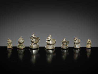A GROUP OF SEVEN COPPER ALLOY 'MANDARIN DUCK' WEIGHTS, BURMA, LATE 18TH-EARLY 20TH CENTURY: A GROUP OF SEVEN COPPER ALLOY 'MANDARIN DUCK' WEIGHTS, BURMA, LATE 18TH-EARLY 20TH CENTURY  This lot is a museum deaccession and is therefore offered without reserve Each well cast in a recumbent pose