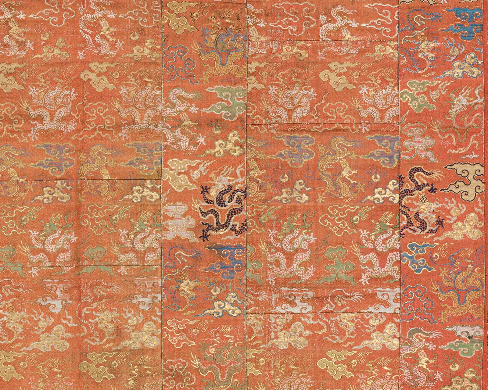 A SILK KESA TEXTILE WITH DRAGONS, EDO PERIOD, 18TH CENTURY: A SILK KESA TEXTILE WITH DRAGONS, EDO PERIOD, 18TH CENTURY This lot is from a single owner collection and is therefore offered without reserve Japan. The intricate fabric quilted using pieces of colo