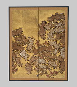 A FINE TWO-PANEL BYOBU (FOLDING SCREEN) DEPICTING CHRYSANTHEMUMS: A FINE TWO-PANEL BYOBU (FOLDING SCREEN) DEPICTING CHRYSANTHEMUMS Japan, 17th-18th century, Edo period (1615-1868)Ink, watercolors, gouache, and gold paint on paper. Mounted on silk brocade on two w