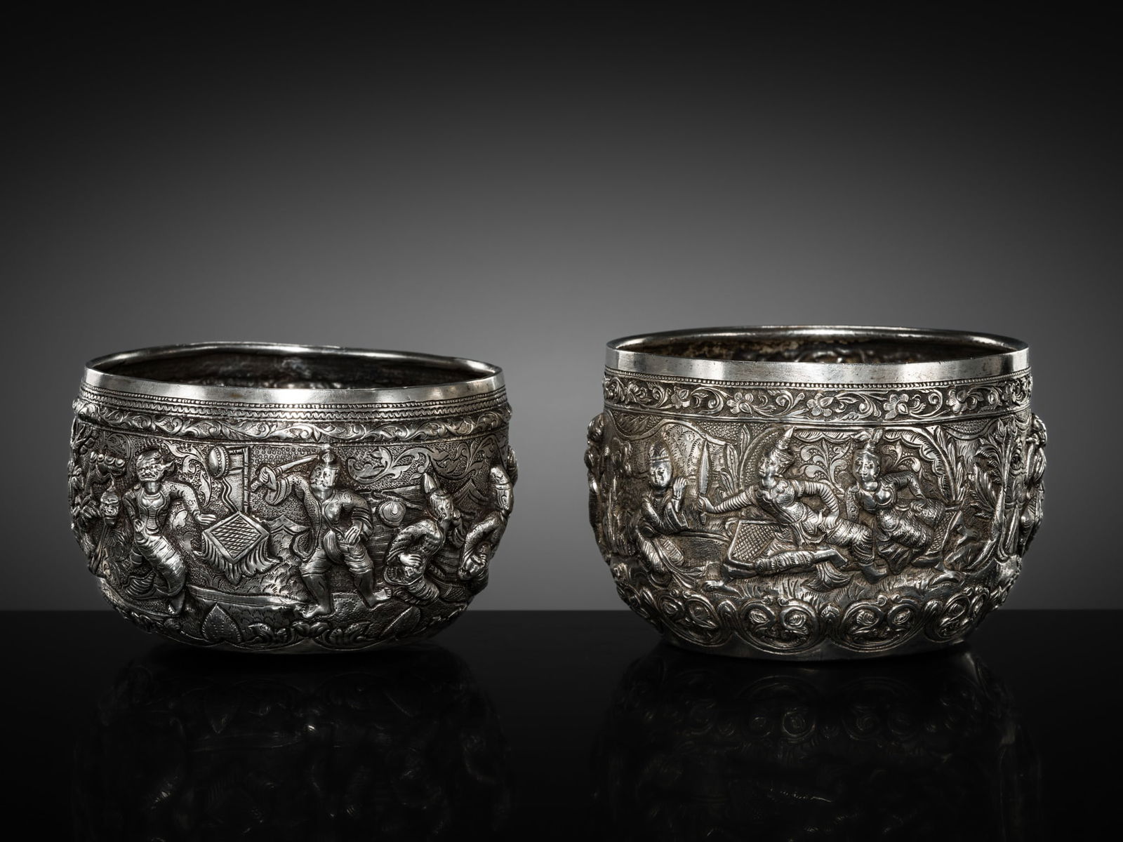 A FINE PAIR OF EMBOSSED SILVER BOWLS, BURMA, 19TH CENTURY (1 of 11)