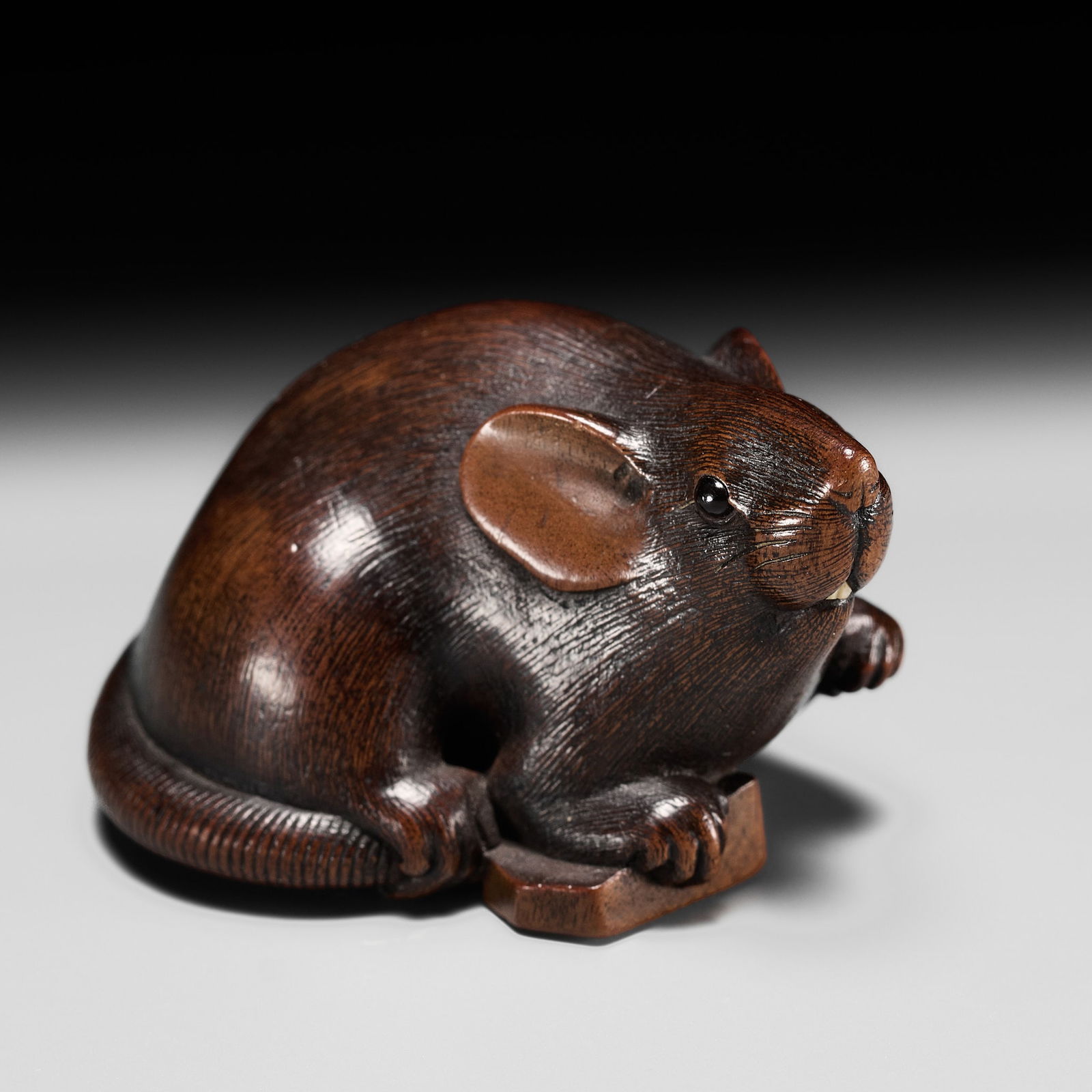 IKKAN: A FINE WOOD NETSUKE OF A RAT WITH A SHOGI TILE: IKKAN: A FINE WOOD NETSUKE OF A RAT WITH A SHOGI TILE By Ikkan, signed Ikkan 一貫 Japan, Nagoya, mid-19th century, Edo period (1615-1868)The finely stained and carved cherry (sakura) woo