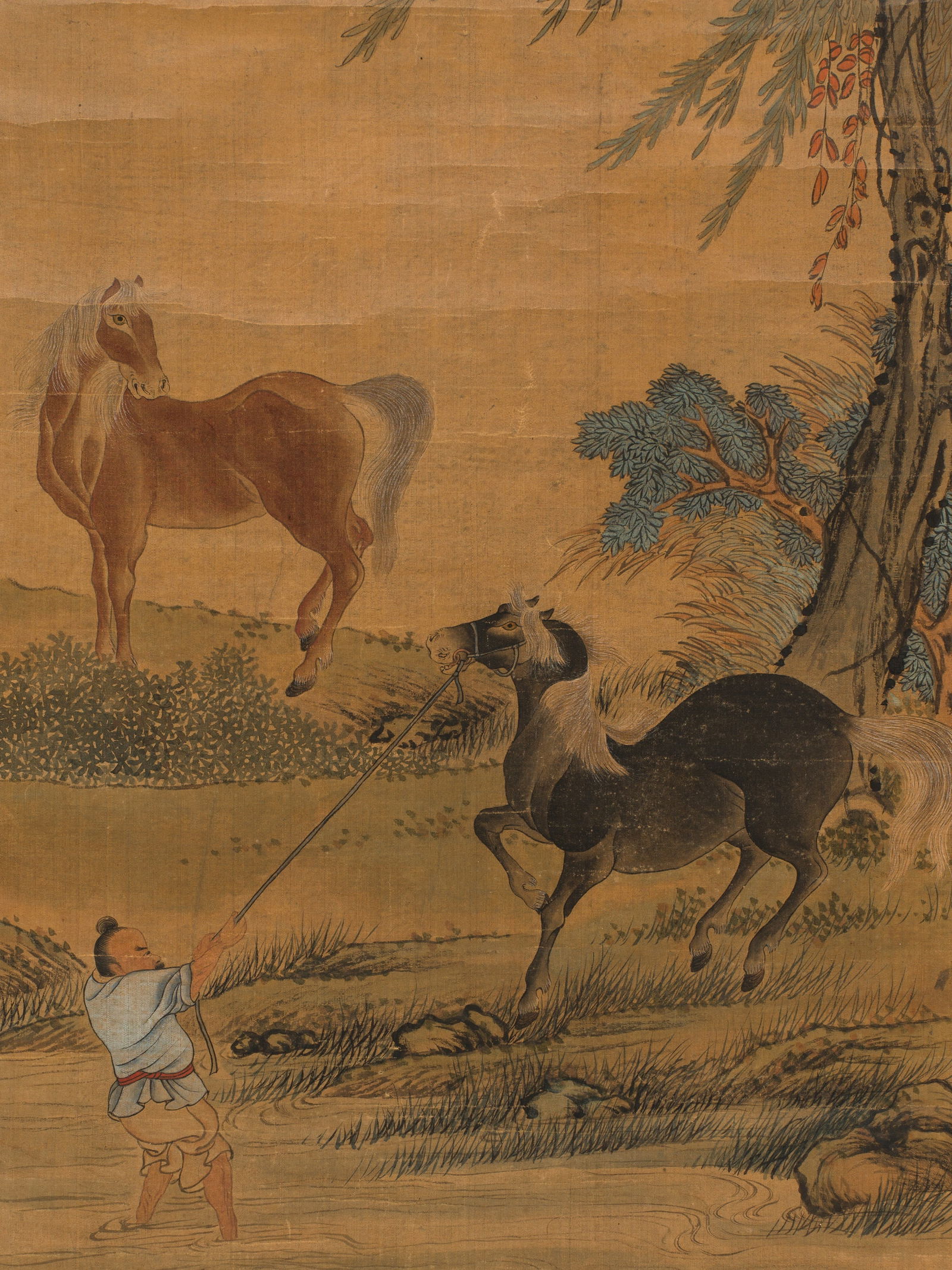 A SCROLL PAINTING OF BO LE WITH HORSES, AFTER ZHAO MENGFU (1254-1322): A SCROLL PAINTING OF BO LE WITH HORSES, AFTER ZHAO MENGFU (1254-1322) China, Qing dynasty, 18th-19th century or earlier. Ink, watercolors and gouache on silk. Mounted as a hanging scroll within a silk