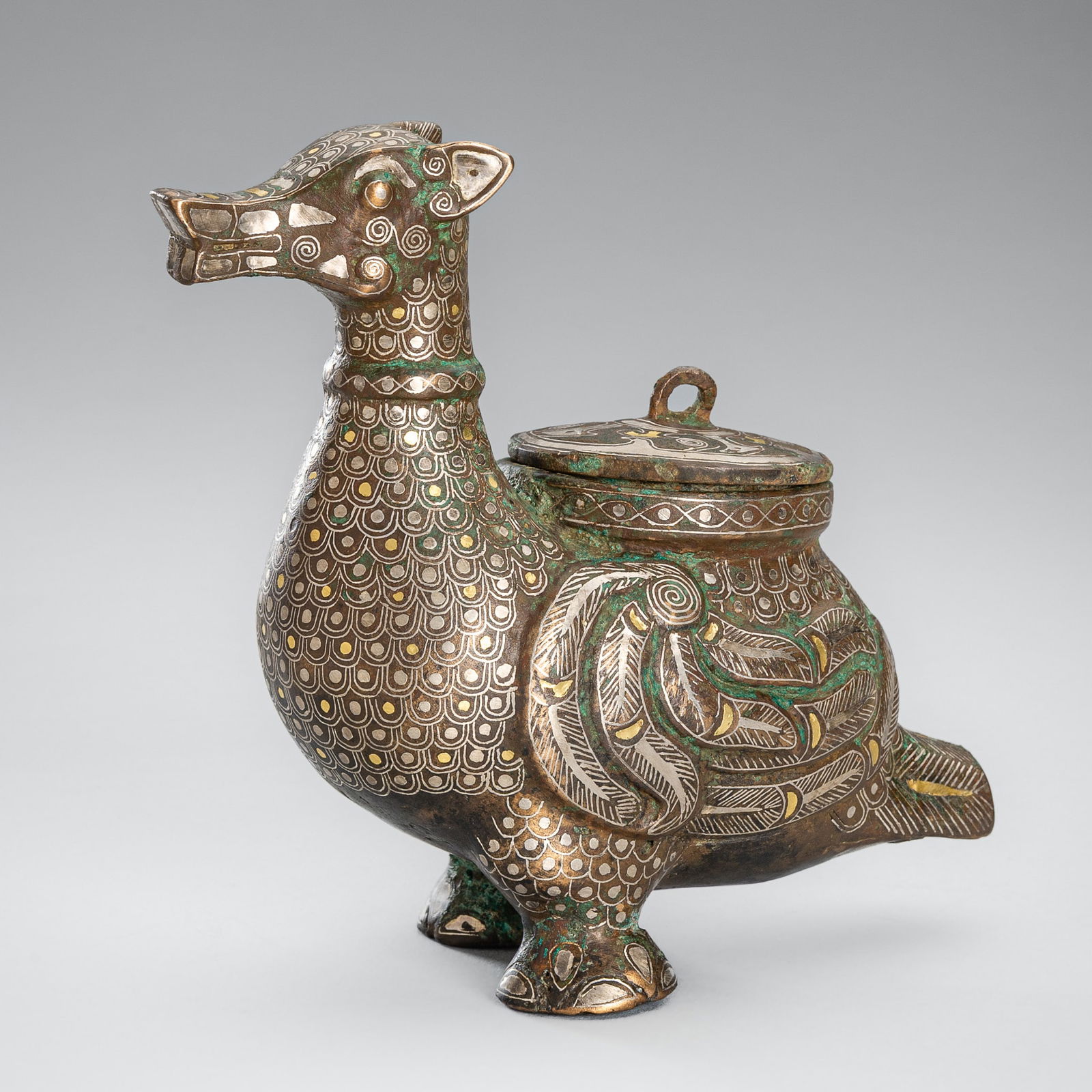 AN ARCHAISTIC GOLD AND SILVER INLAID 'MYTHICAL BIRD' BRONZE CENSER (1 of 13)