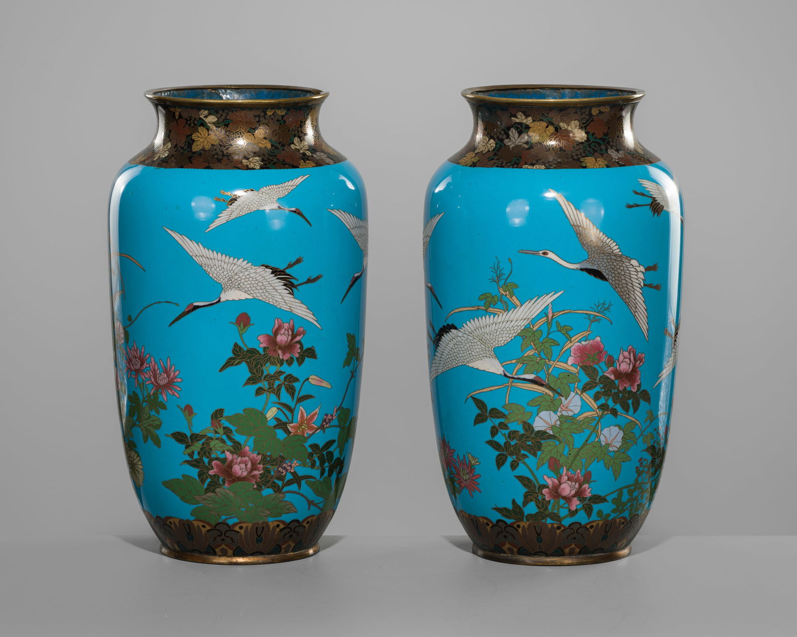 A FINE PAIR OF CLOISONNÉ ENAMEL VASES WITH CRANES AND BLOSSOMS (1 of 10)