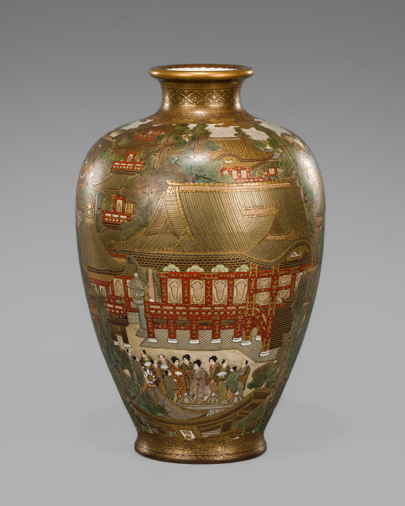 F?ZAN: A FINE SATSUMA CERAMIC VASE WITH A TEMPLE SCENE: FŪZAN: A FINE SATSUMA CERAMIC VASE WITH A TEMPLE SCENE Signed Dai Nippon, Japan, Fuzan-zo Japan, Meiji period (1868-1912)The baluster vase is elaborately decorated in polychrome pigments and exte