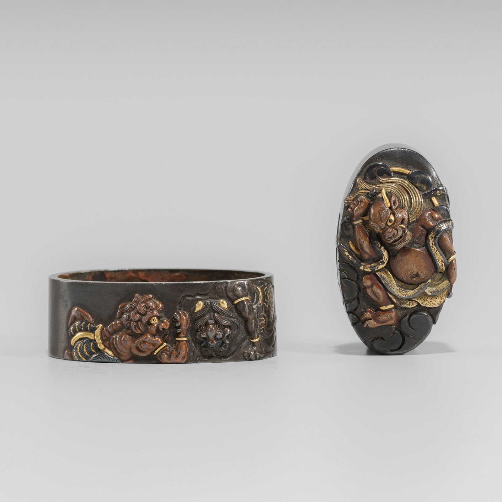 YASUYOSHI: A FINE SHIBUICHI FUCHI AND KASHIRA WITH RAIJIN AND ONI (1 of 11)