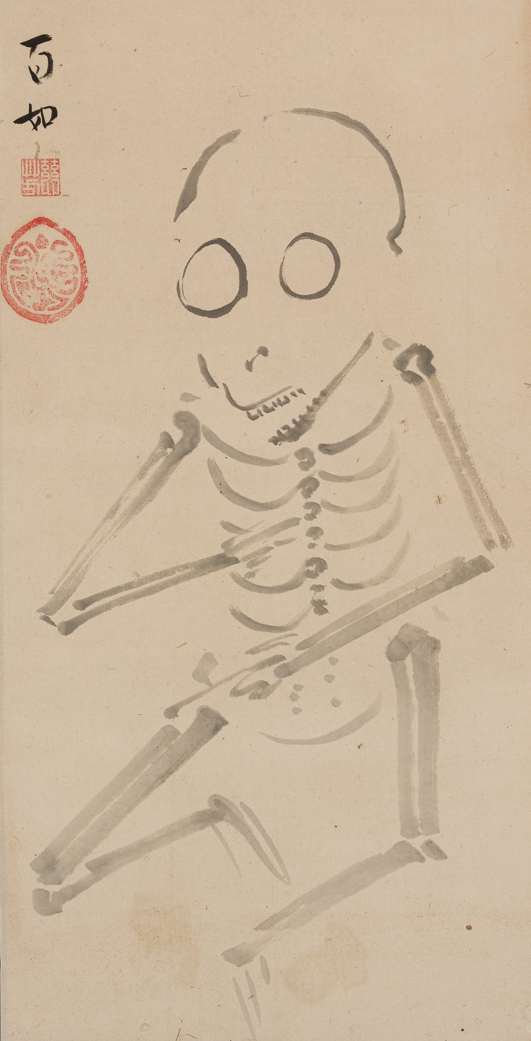 HYAKUNYO JIHO: A BUDDHIST SCROLL PAINTING DEPICTING A SKELETAL FIGURE: HYAKUNYO JIHO: A BUDDHIST SCROLL PAINTING DEPICTING A SKELETAL FIGURE By Hyakunyo Jiho (1731-1804), signed Hyakunyo with seals Senkai sambo and Jiho, Ji Japan, 18th century, Edo period (1615-1868) Ink