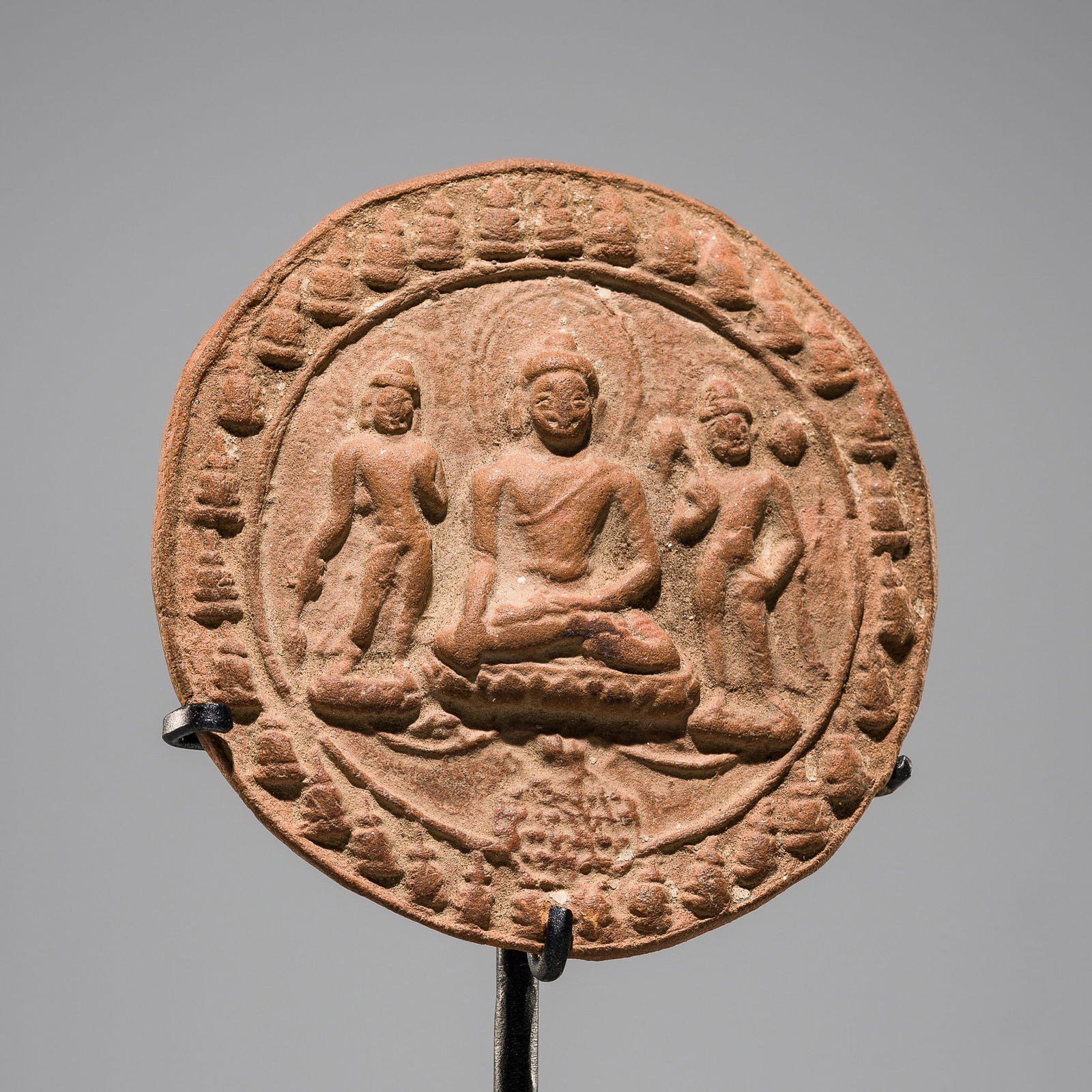 A TERRACOTTA VOTIVE PLAQUE WITH BUDDHA AND ATTENDANT BODHISATTVAS, 11TH CENTURY (1 of 8)