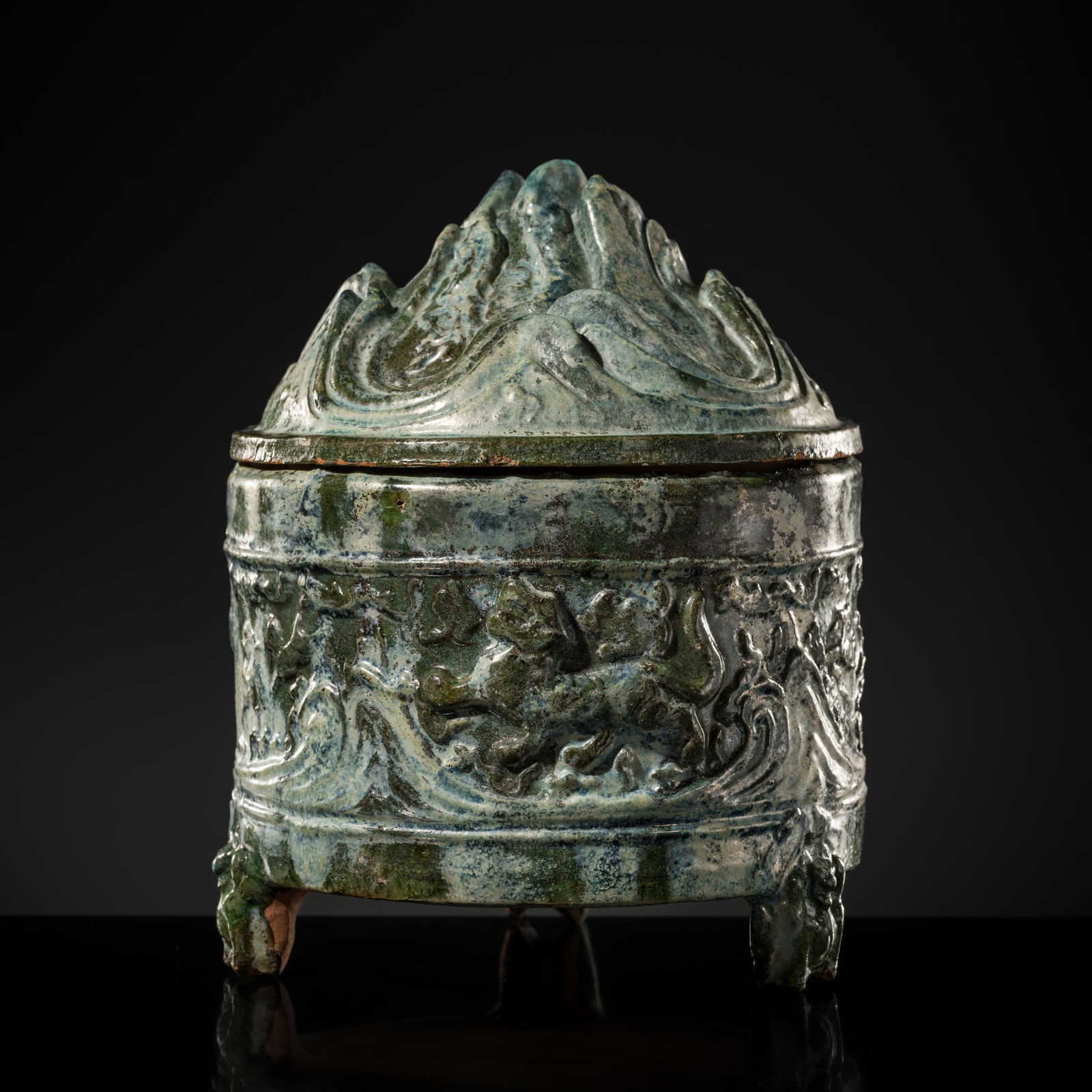 A LARGE GREEN-GLAZED POTTERY 'HILL' JAR AND COVER, HAN DYNASTY (1 of 20)