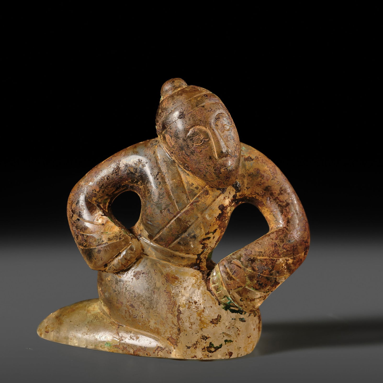 A FINE ROCK CRYSTAL KNEELING FIGURE, HAN DYNASTY: A FINE ROCK CRYSTAL KNEELING FIGURE, HAN DYNASTY Published: Jean-Paul Desroches (ed.) et al, The Beginning of the World. Dragons, Phoenix and Other Chimera, Fondation Baur, Geneva, 2020