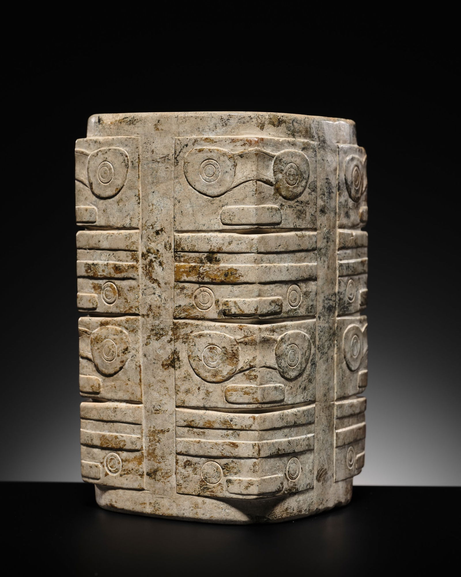 AN EXTREMELY RARE FOUR-TIERED GREY AND YELLOW JADE CONG, NEOLITHIC PERIOD, LIANGZHU CULTURE: AN EXTREMELY RARE FOUR-TIERED GREY AND YELLOW JADE CONG, NEOLITHIC PERIOD, LIANGZHU CULTURE Published: Jean-Paul Desroches (ed.) et al, Two Americans in Paris: A Quest for Asian Art, Pa