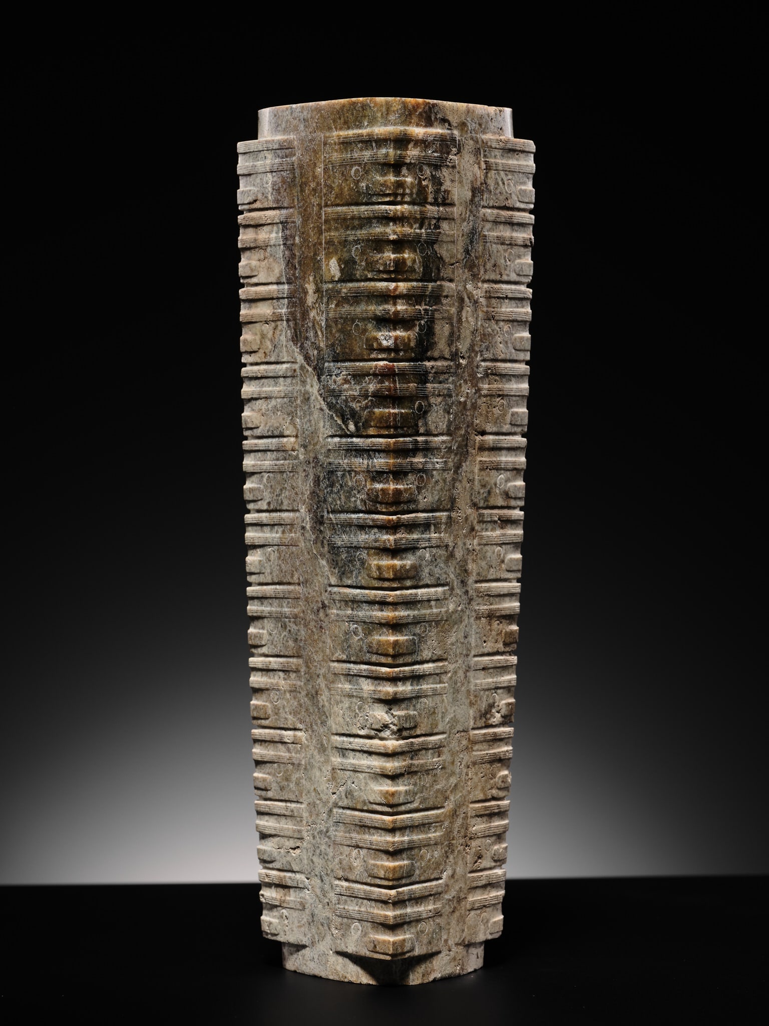 A LARGE AND IMPORTANT ELEVEN-TIERED JADE CONG, NEOLITHIC PERIOD, LIANGZHU CULTURE: A LARGE AND IMPORTANT ELEVEN-TIERED JADE CONG, NEOLITHIC PERIOD, LIANGZHU CULTURE Published: Jean-Paul Desroches (ed.) et al, Two Americans in Paris: A Quest for Asian Art, Paris, 2016,