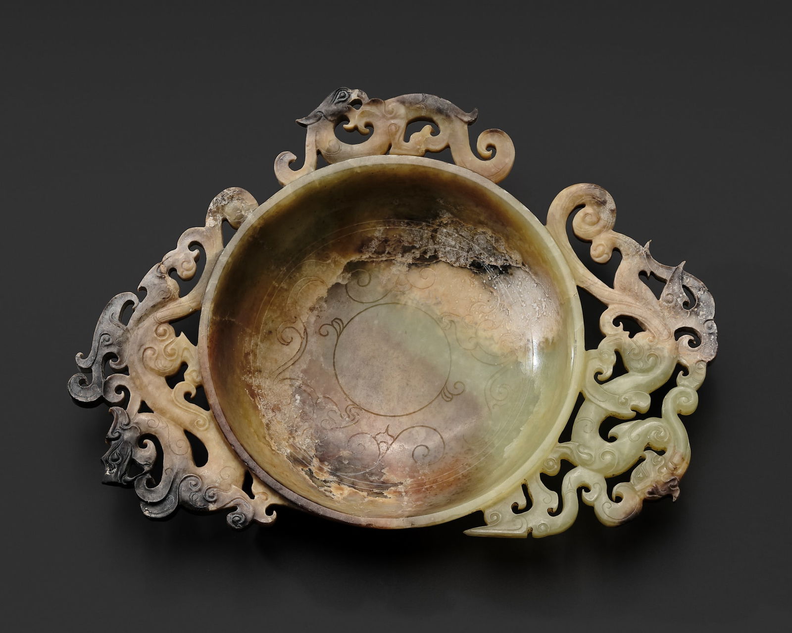 A VERY FINE CELADON AND BROWN JADE BRUSH WASHER, XI, HAN DYNASTY (1 of 19)