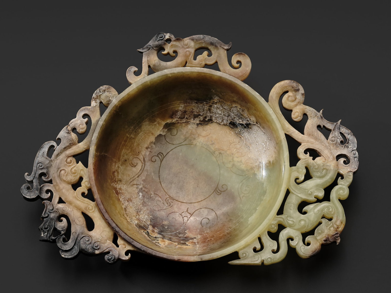 A VERY FINE CELADON AND BROWN JADE BRUSH WASHER, XI, HAN DYNASTY - 9