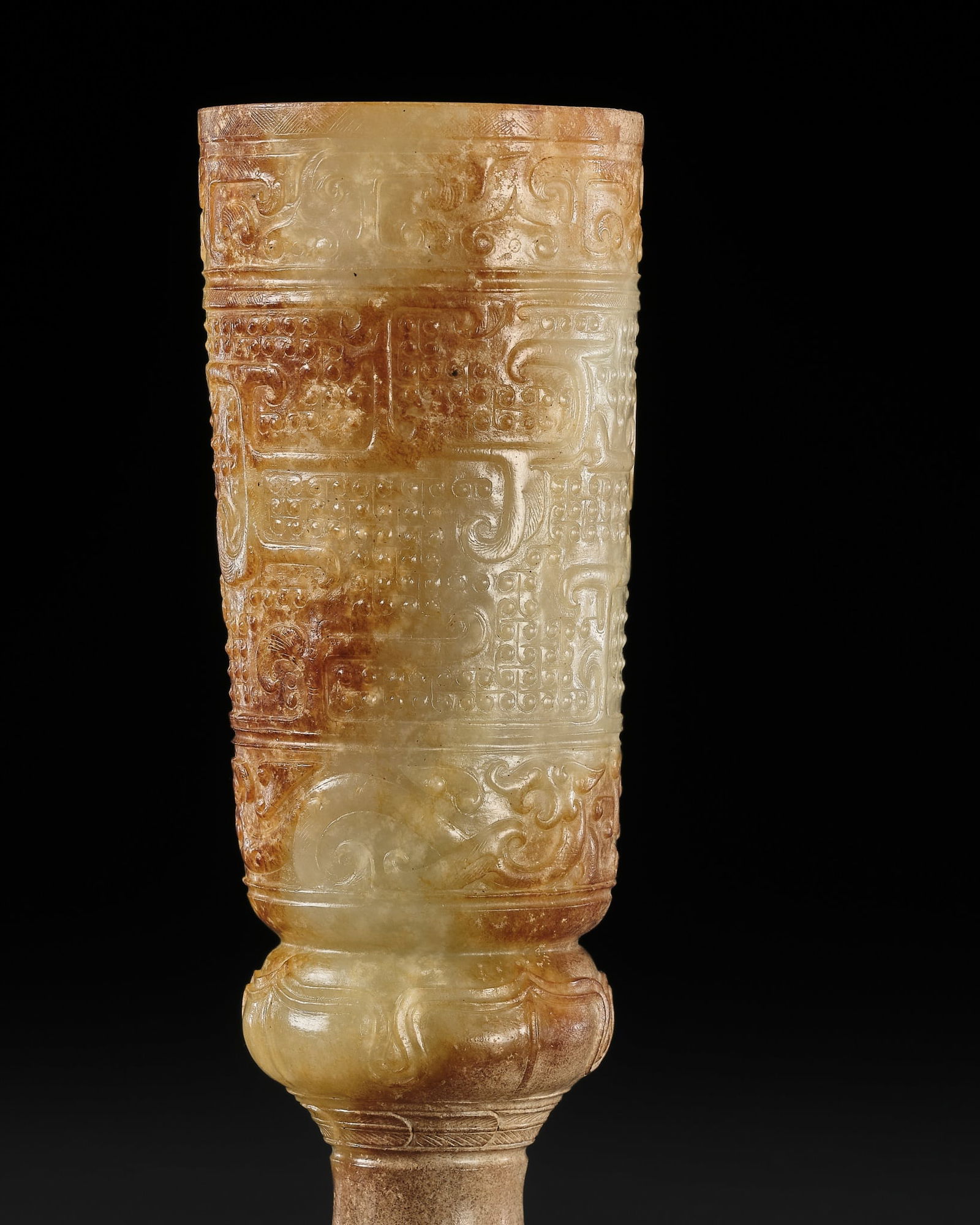 AN EXTREMELY RARE YELLOW AND RUSSET 'DRAGON AND PHOENIX' JADE CUP, HAN DYNASTY: AN EXTREMELY RARE YELLOW AND RUSSET 'DRAGON AND PHOENIX' JADE CUP, HAN DYNASTY Published: Jean-Paul Desroches (ed.) et al, The Beginning of the World. Dragons, Phoenix and Other Chimera