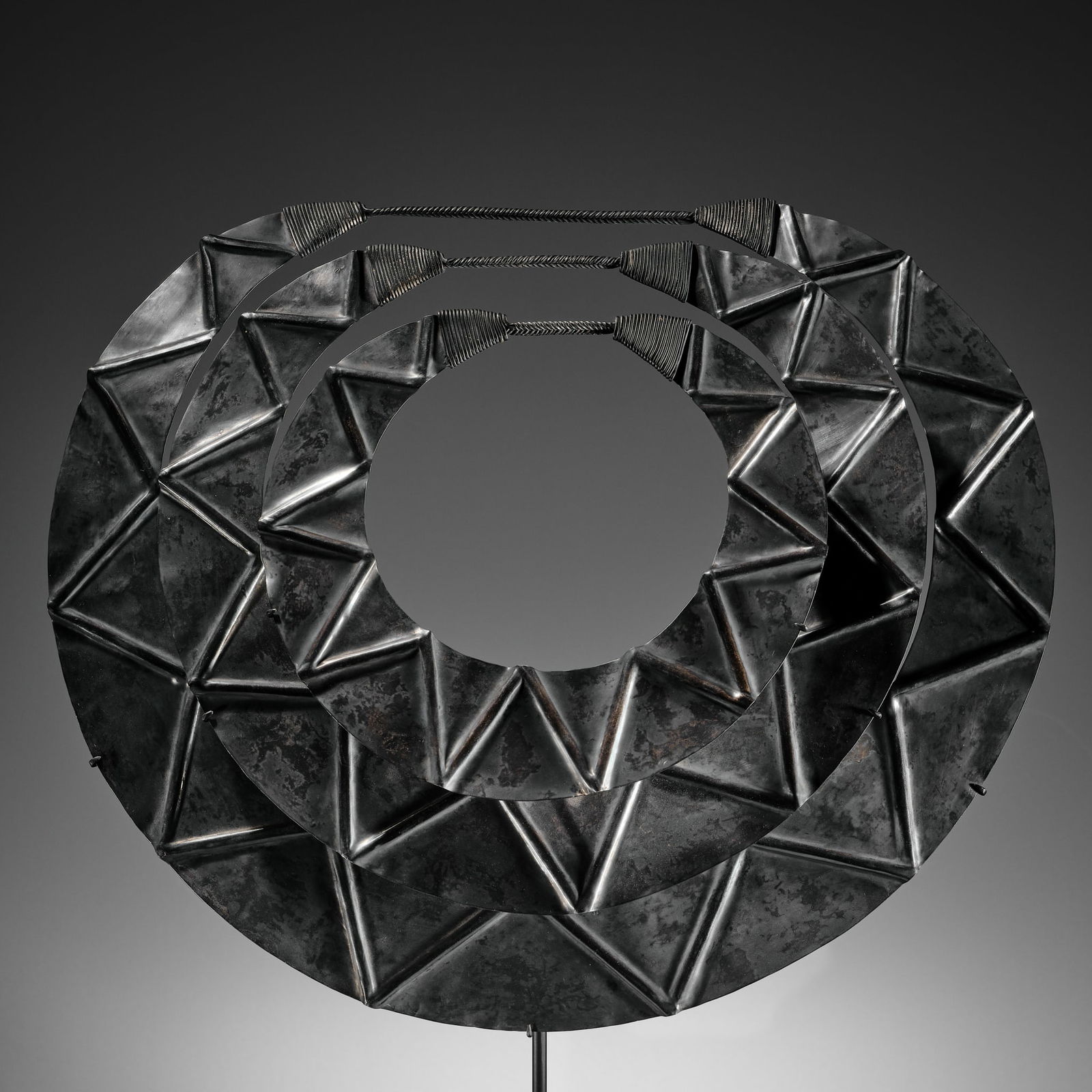 A MASSIVE AND IMPORTANT THREE-TIERED SILVER NECK ORNAMENT, MIAO PEOPLE (1 of 9)