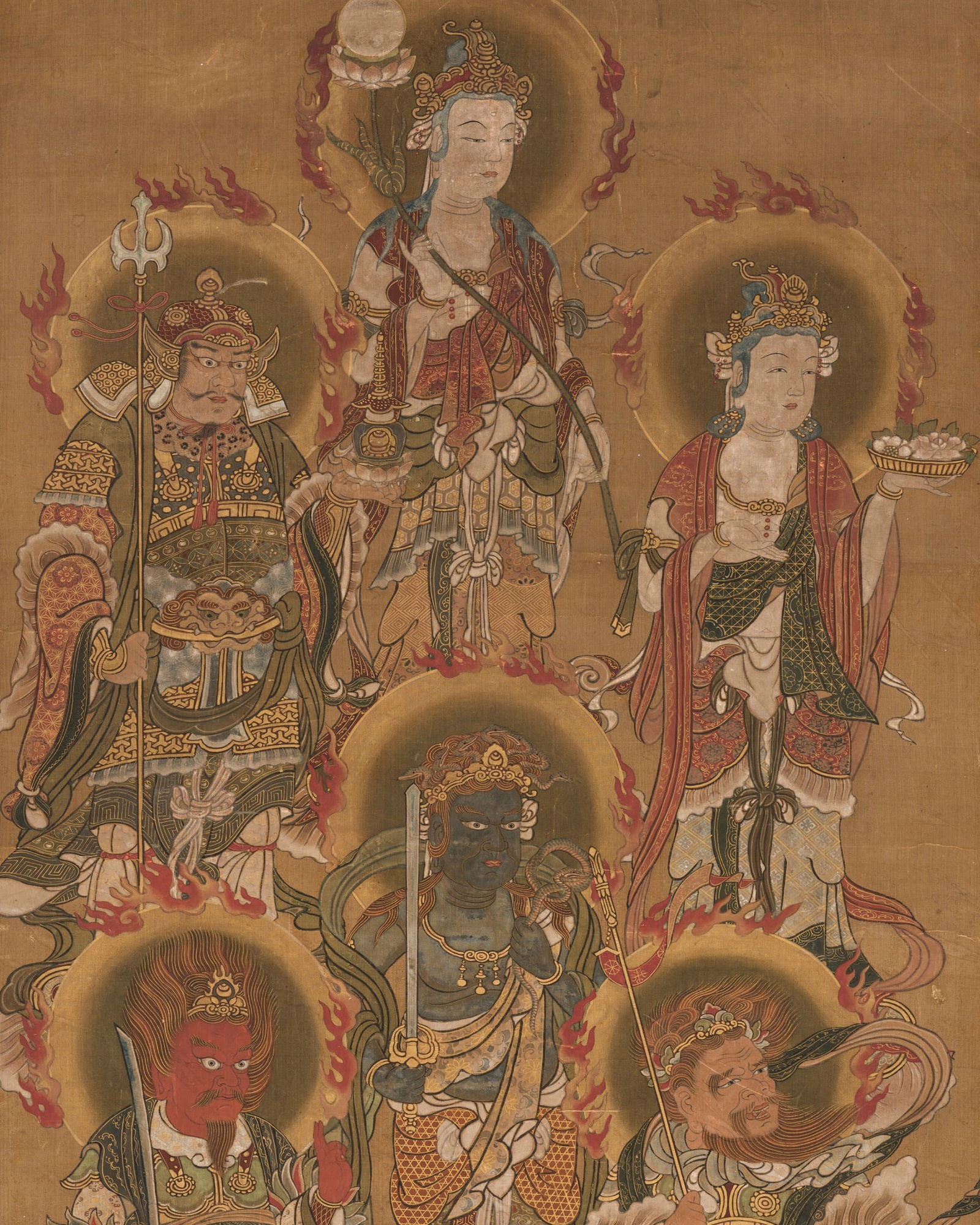 A BUDDHIST HANGING SCROLL PAINTING DEPICTING SIX DEITIES FROM THE JUNITEN PANTHEON, MUROMACHI PERIOD: A BUDDHIST HANGING SCROLL PAINTING DEPICTING SIX DEITIES FROM THE JUNITEN PANTHEON, MUROMACHI PERIOD Japan, 16th century. Ink, watercolors, and gold on silk, backed with paper. Finely painted with si