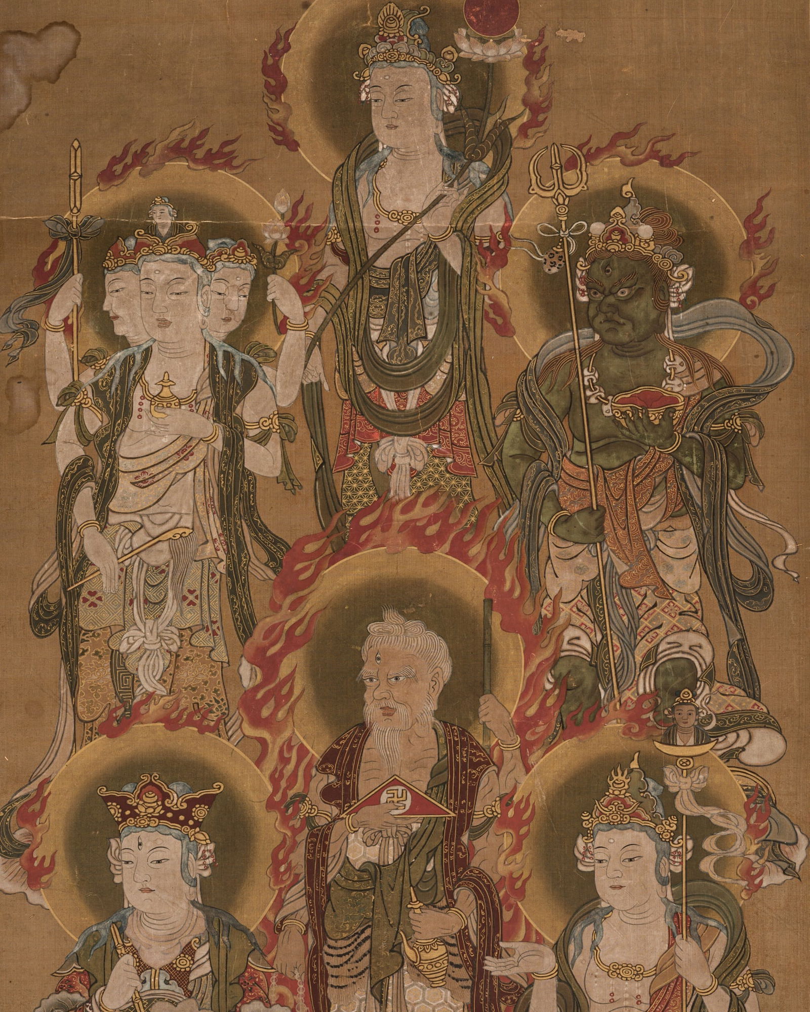 A BUDDHIST HANGING SCROLL PAINTING DEPICTING SIX DEITIES FROM THE JUNITEN PANTHEON, MUROMACHI PERIOD: A BUDDHIST HANGING SCROLL PAINTING DEPICTING SIX DEITIES FROM THE JUNITEN PANTHEON, MUROMACHI PERIOD Japan, 16th century. Ink, watercolors, and gold on silk, backed with paper. Finely painted with si