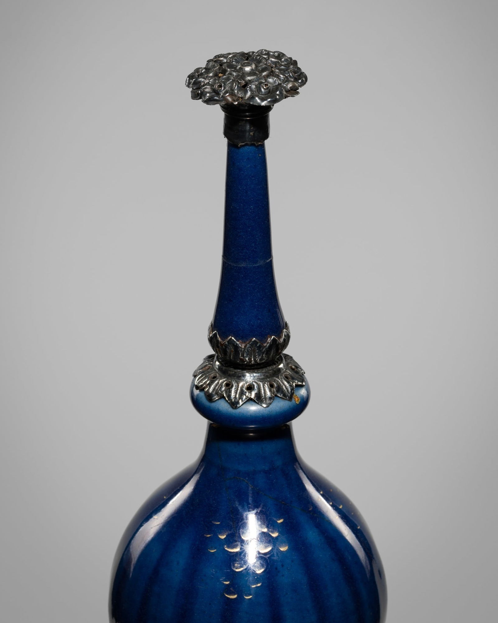 A MIDNIGHT BLUE-GLAZED, SILVER-MOUNTED, PORCELAIN ROSEWATER SPRINKLER, CHINA FOR THE ISLAMIC MARKET, (1 of 12)