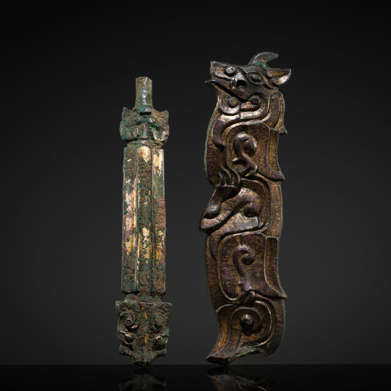 TWO GILT-BRONZE ZOOMORPHIC BELT HOOKS, WARRING STATES PERIOD TO WESTERN HAN DYNASTY (1 of 16)