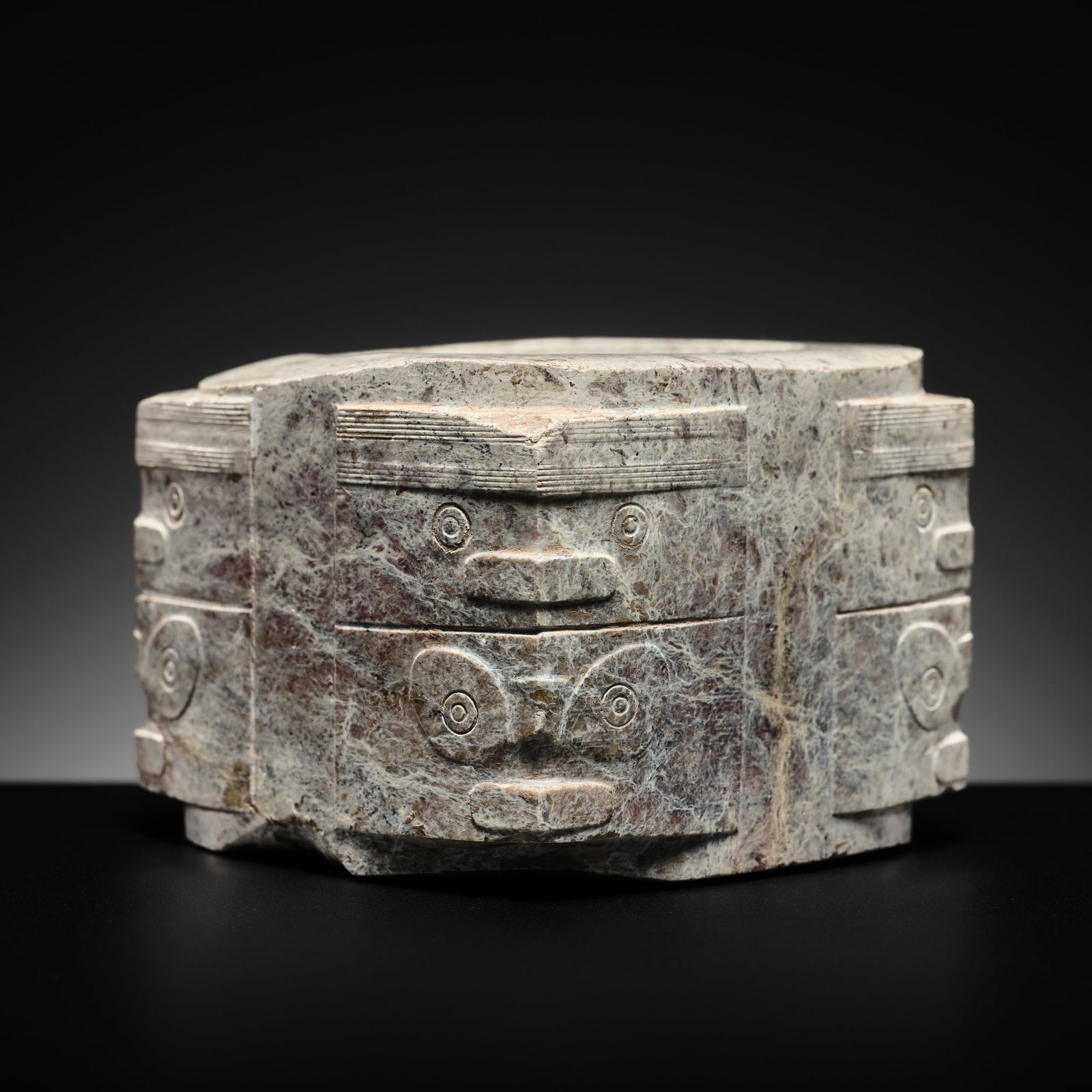 A RARE TWO-TIERED GREY AND WHITE JADE CONG, LATE NEOLITHIC PERIOD, LIANGZHU CULTURE: A RARE TWO-TIERED GREY AND WHITE JADE CONG, LATE NEOLITHIC PERIOD, LIANGZHU CULTURE Published: Jean-Paul Desroches (ed.) et al, Two Americans in Paris: A Quest for Asian Art, Paris, 201