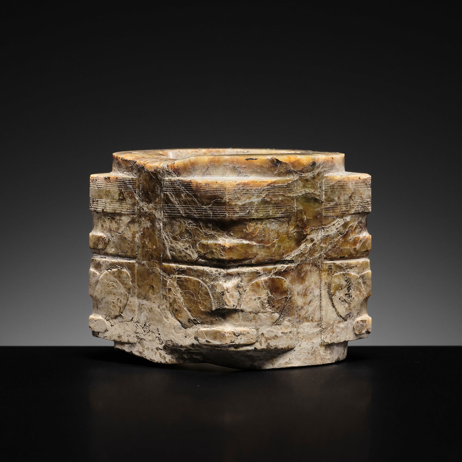 A RARE TWO-TIERED MOTTLED BROWN AND WHITE JADE CONG, LATE NEOLITHIC PERIOD, LIANGZHU CULTURE (1 of 16)