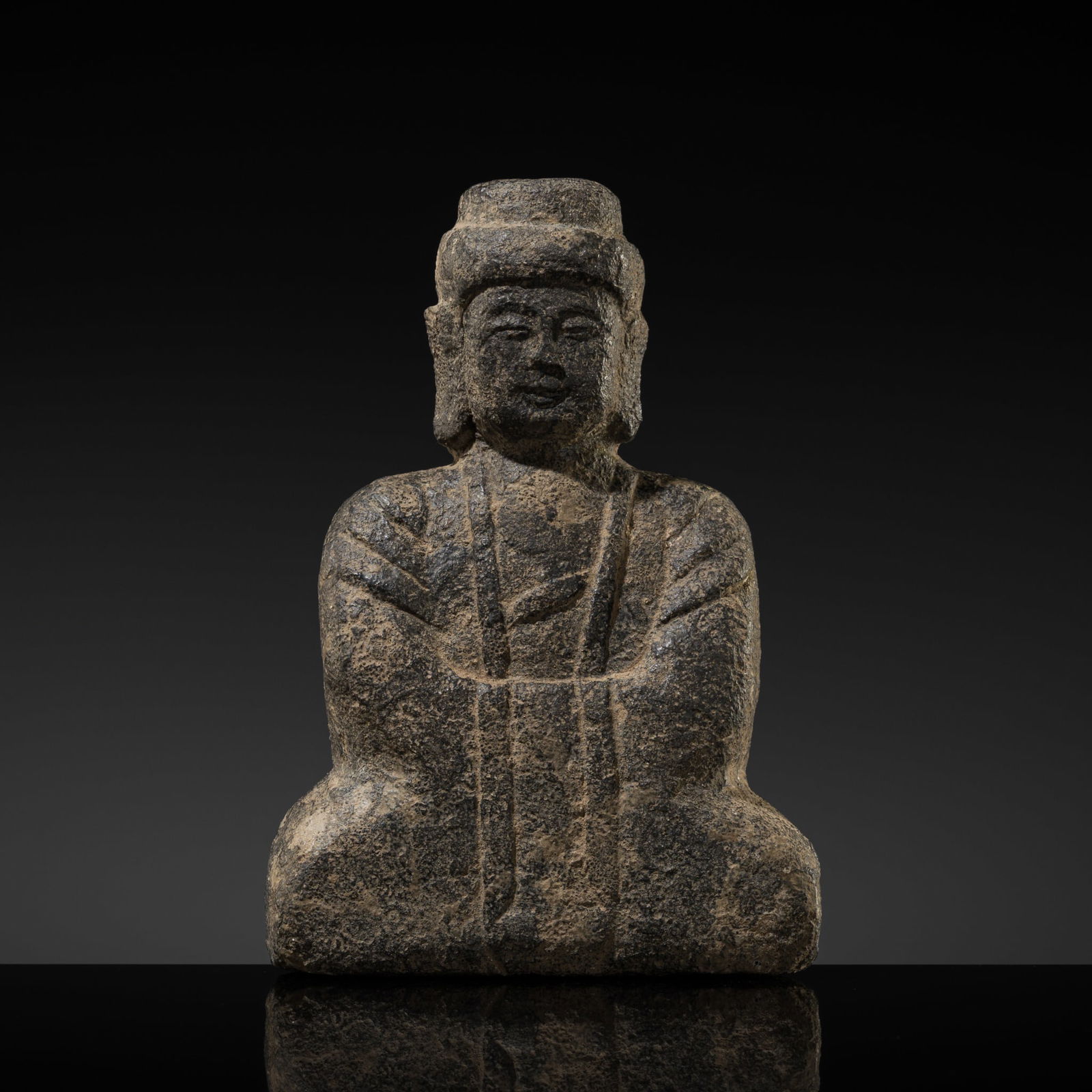 A VERY RARE STONE FIGURE OF SEATED BUDDHA SHAKYAMUNI, UNIFIED SILLA PERIOD (1 of 10)