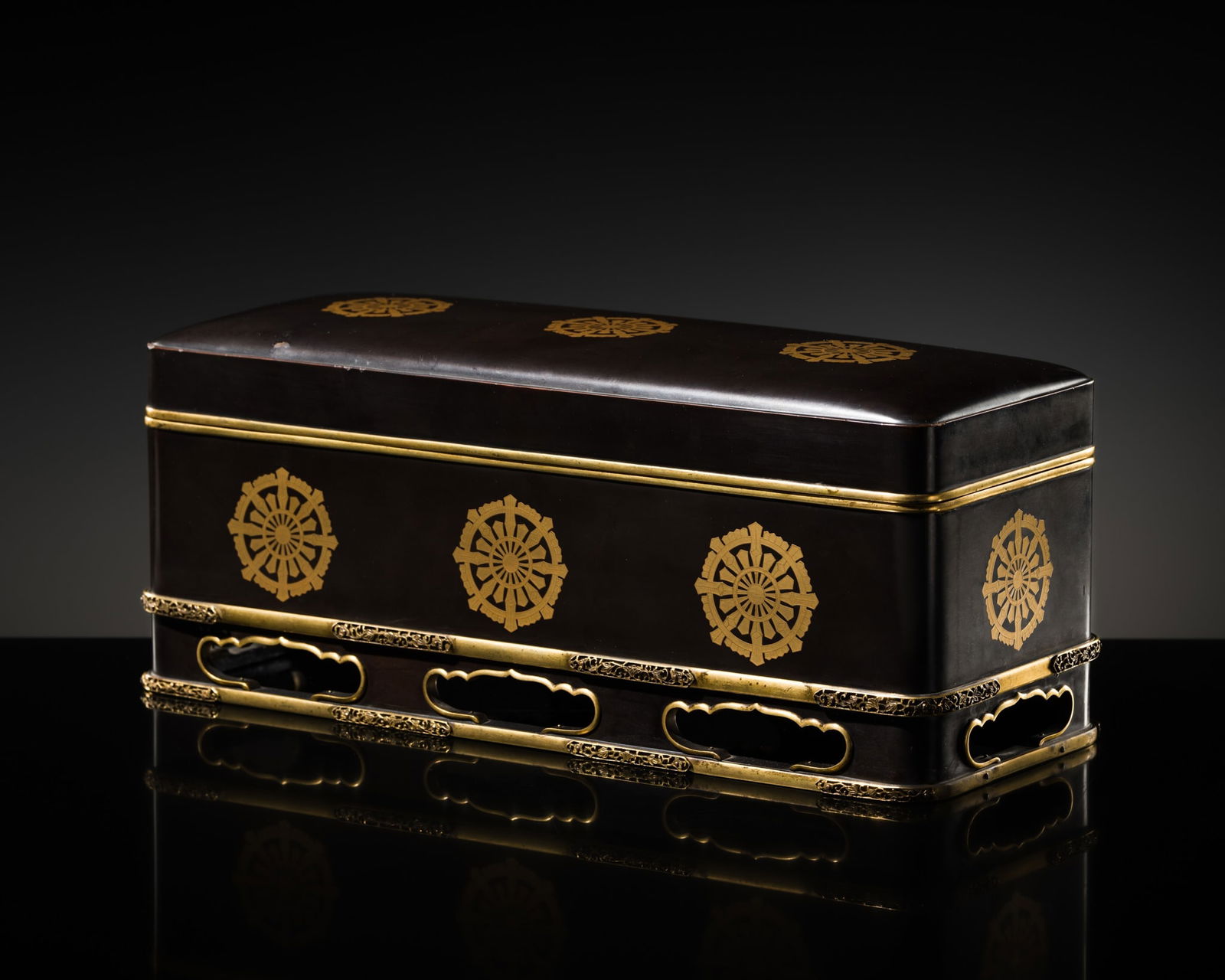 A LARGE LACQUER FUBAKO (LETTER BOX) DEPICTING DHARMACHAKRAS WITH METAL FITTINGS, EDO PERIOD (1 of 13)