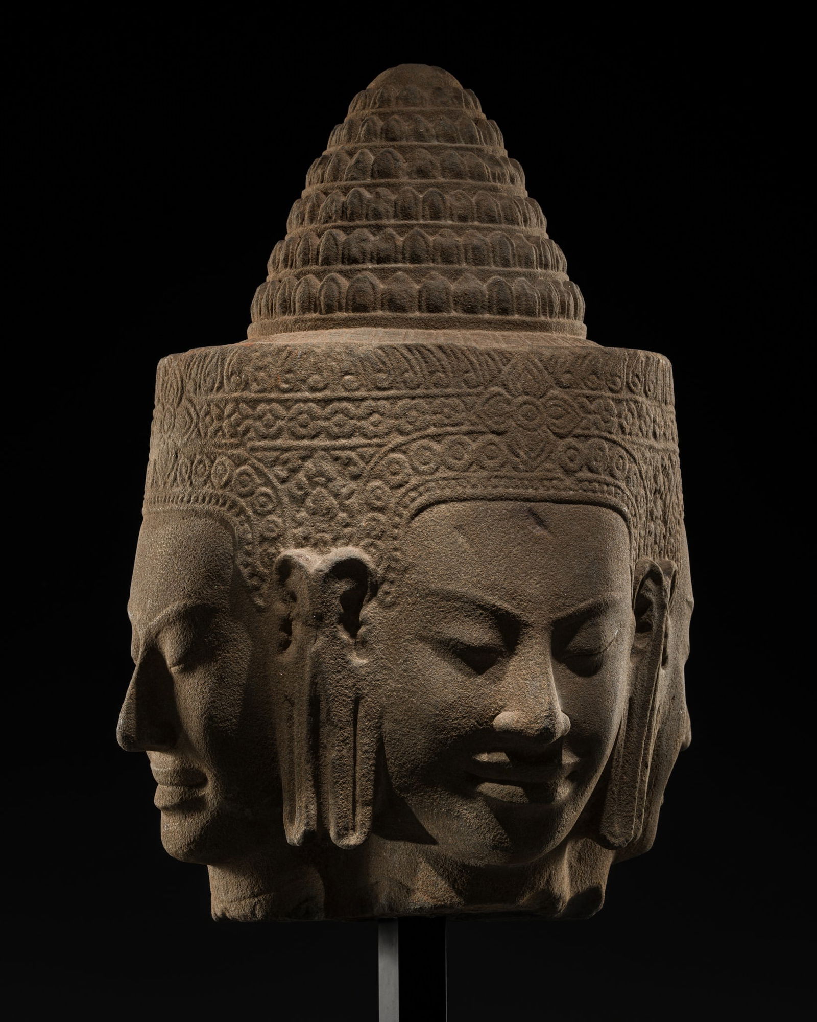 A SUPERB AND VERY RARE SANDSTONE HEAD OF BRAHMA, BAYON STYLE, ANGKOR PERIOD, 13TH CENTURY (1 of 17)