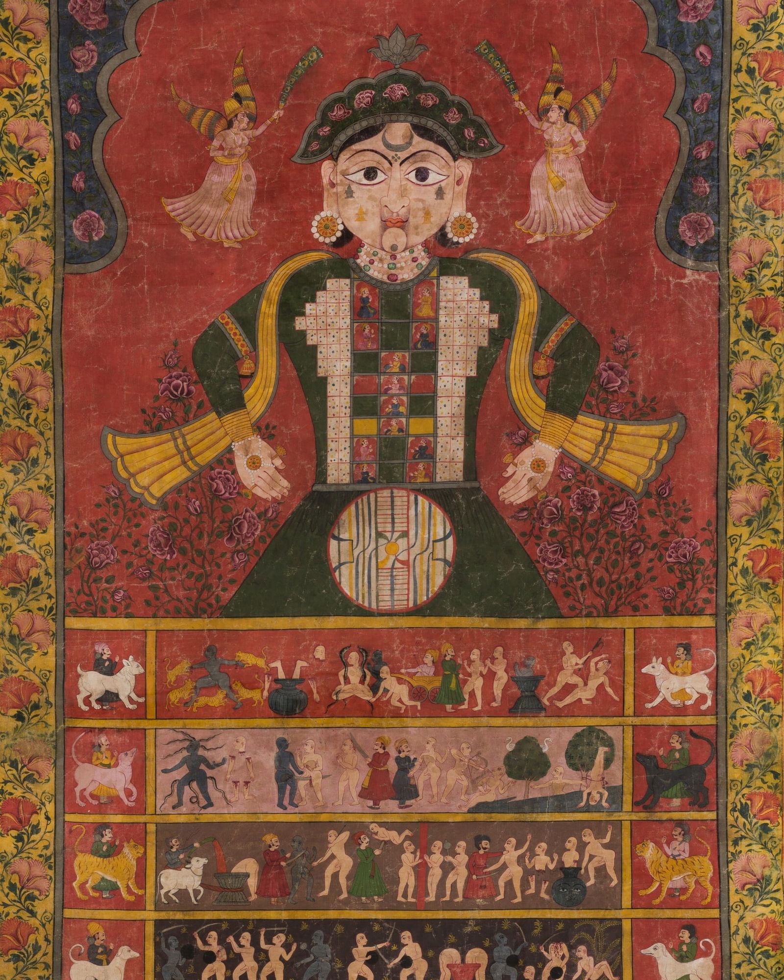A VERY LARGE (220 x 102 CM) PAINTING OF A COSMIC MAN, LOKAPURUSHA, BIKANER, LATE 18TH CENTURY: A VERY LARGE (220 x 102 CM) PAINTING OF A COSMIC MAN, LOKAPURUSHA, BIKANER, LATE 18TH CENTURY This lot is from a single owner collection and is therefore offered without reserve India, Rajasthan, circ